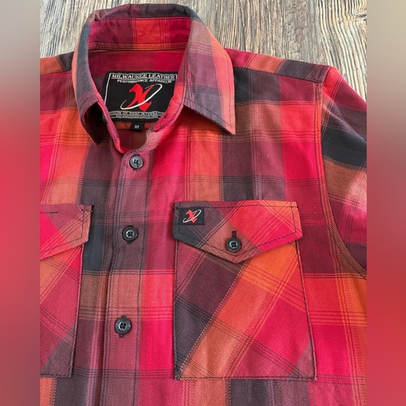 MILWAUKEE LEATHER Button-Up Flannel Shirt Mens M Red Orange Black Plaid Biker - Picture 7 of 10